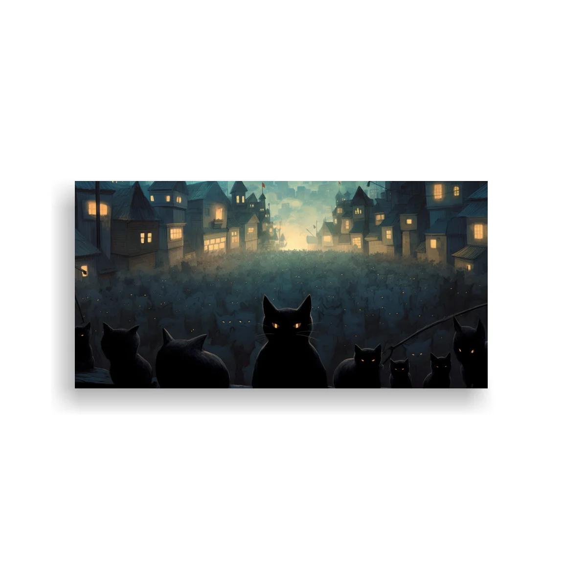Cuadro gatos negros en calle envuelta en niebla