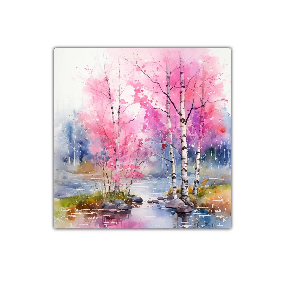 Paisaje sereno con árboles rosas y reflejos en el agua