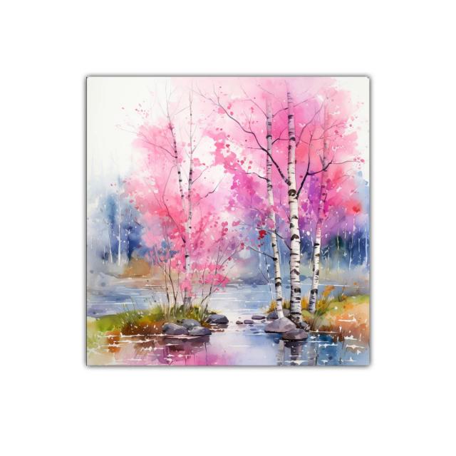 Paisaje sereno con árboles rosas y reflejos en el agua