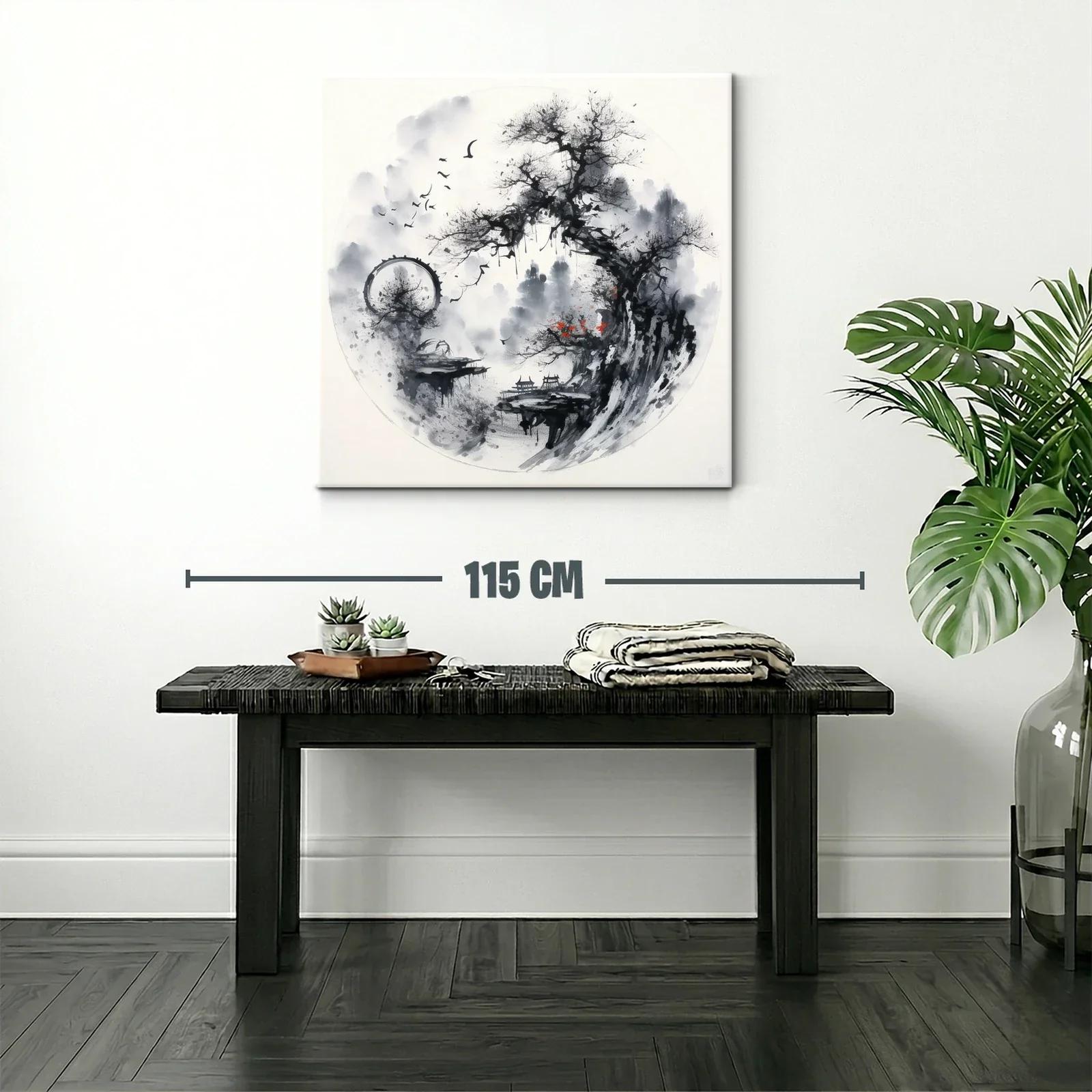 Paisaje asiático con árbol y aves en tonos monocromos — miniatura 2