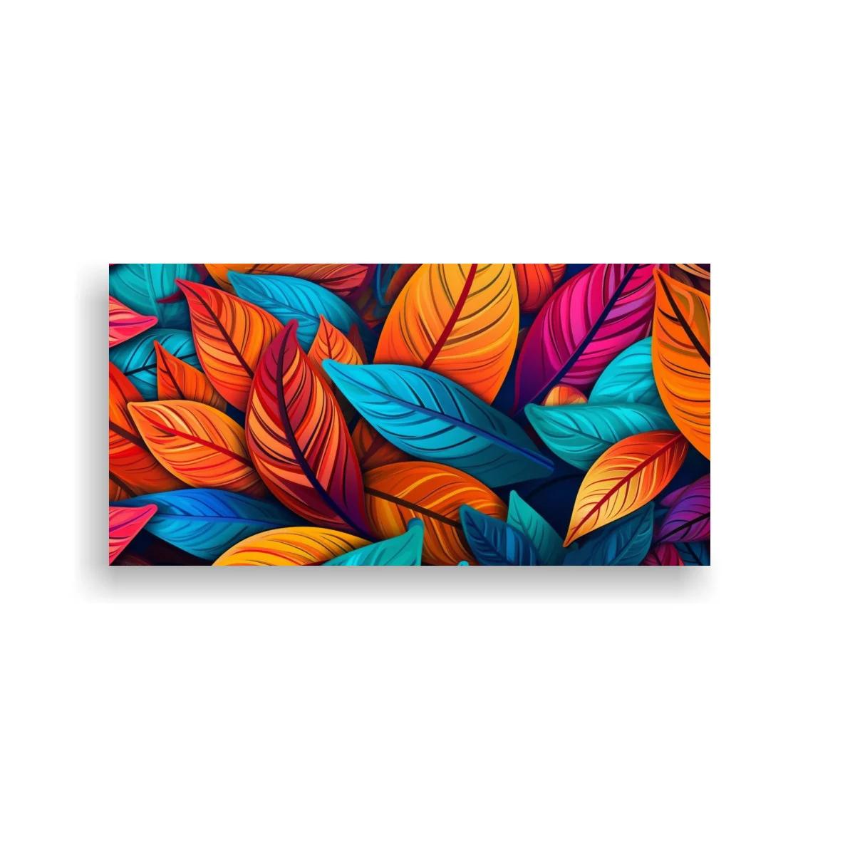 Cuadro hojas tropicales con patrón denso y colores vibrantes