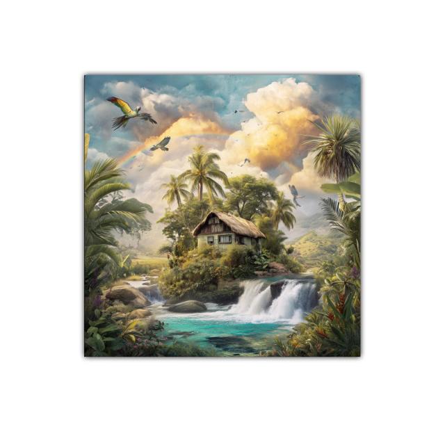 Refugio tropical con cascada y arcoíris en paisaje exuberante