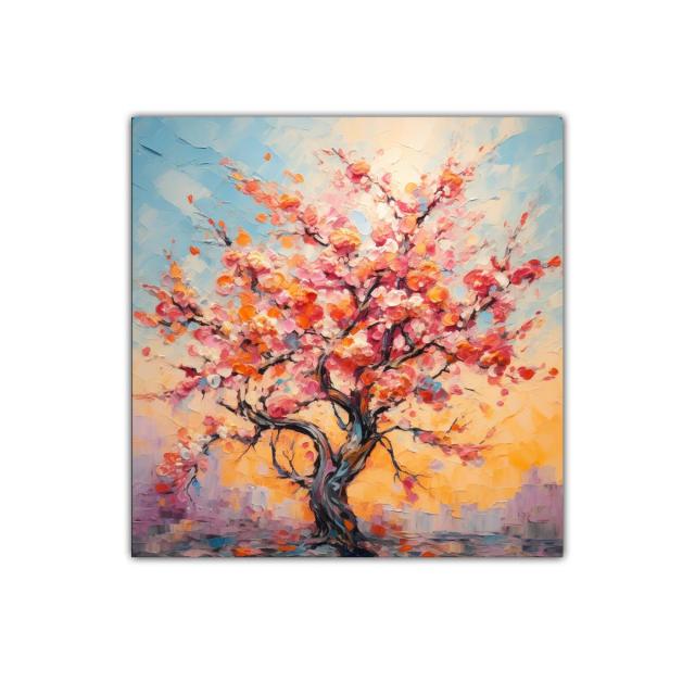 Árbol en flor con vibrantes tonos rosas y naranjas