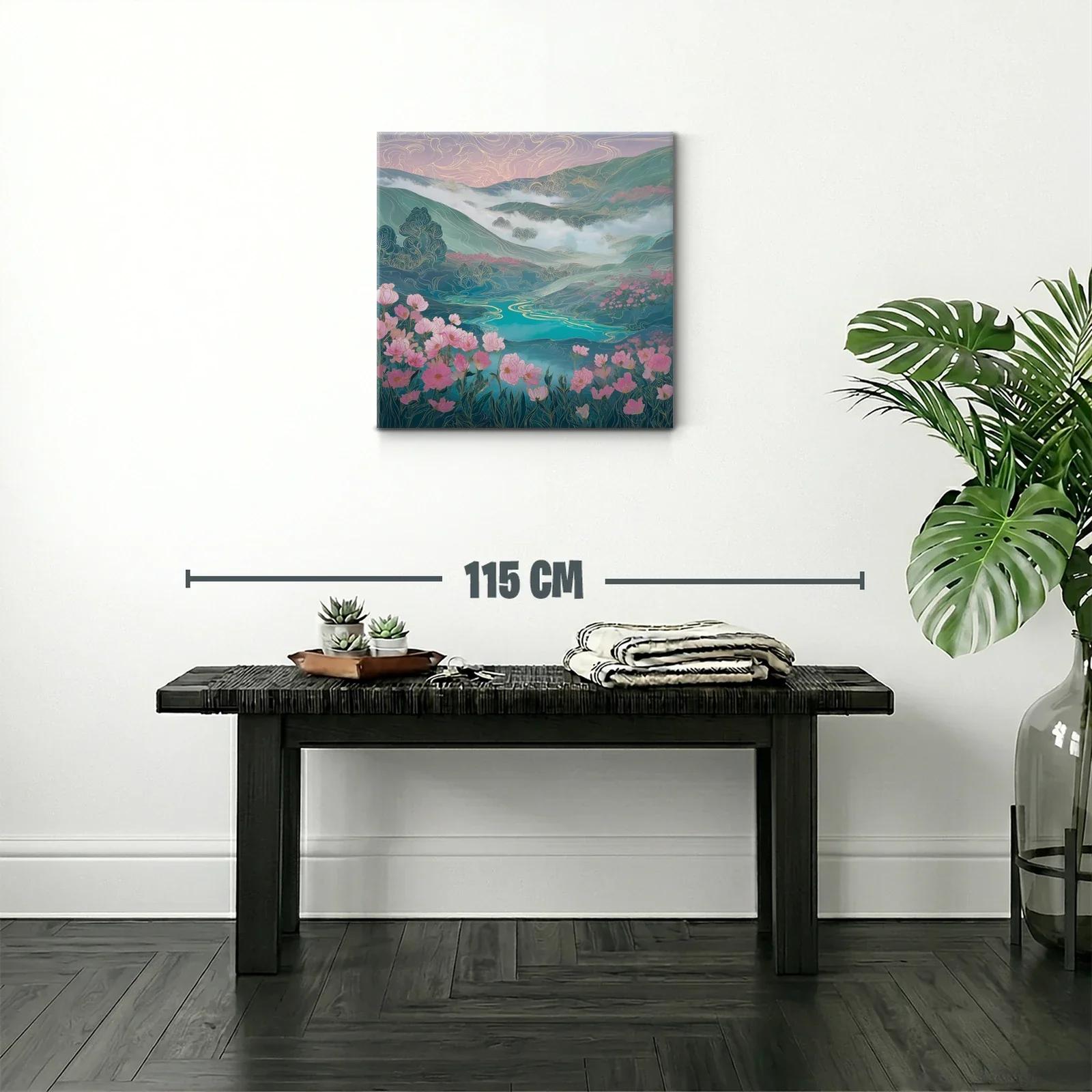 Paisaje floral con lago y montañas en tonos suaves — miniatura 2