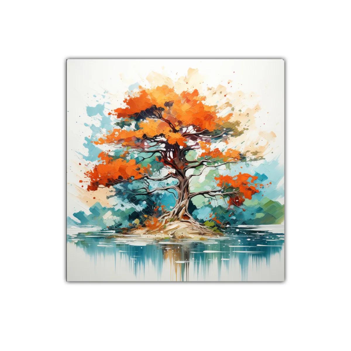 Árbol vibrante en paisaje sereno junto al agua