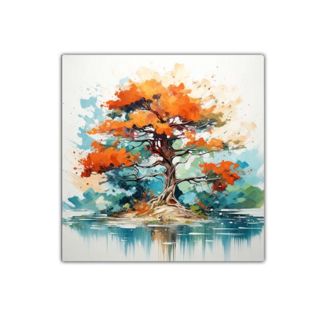 Árbol vibrante en paisaje sereno junto al agua