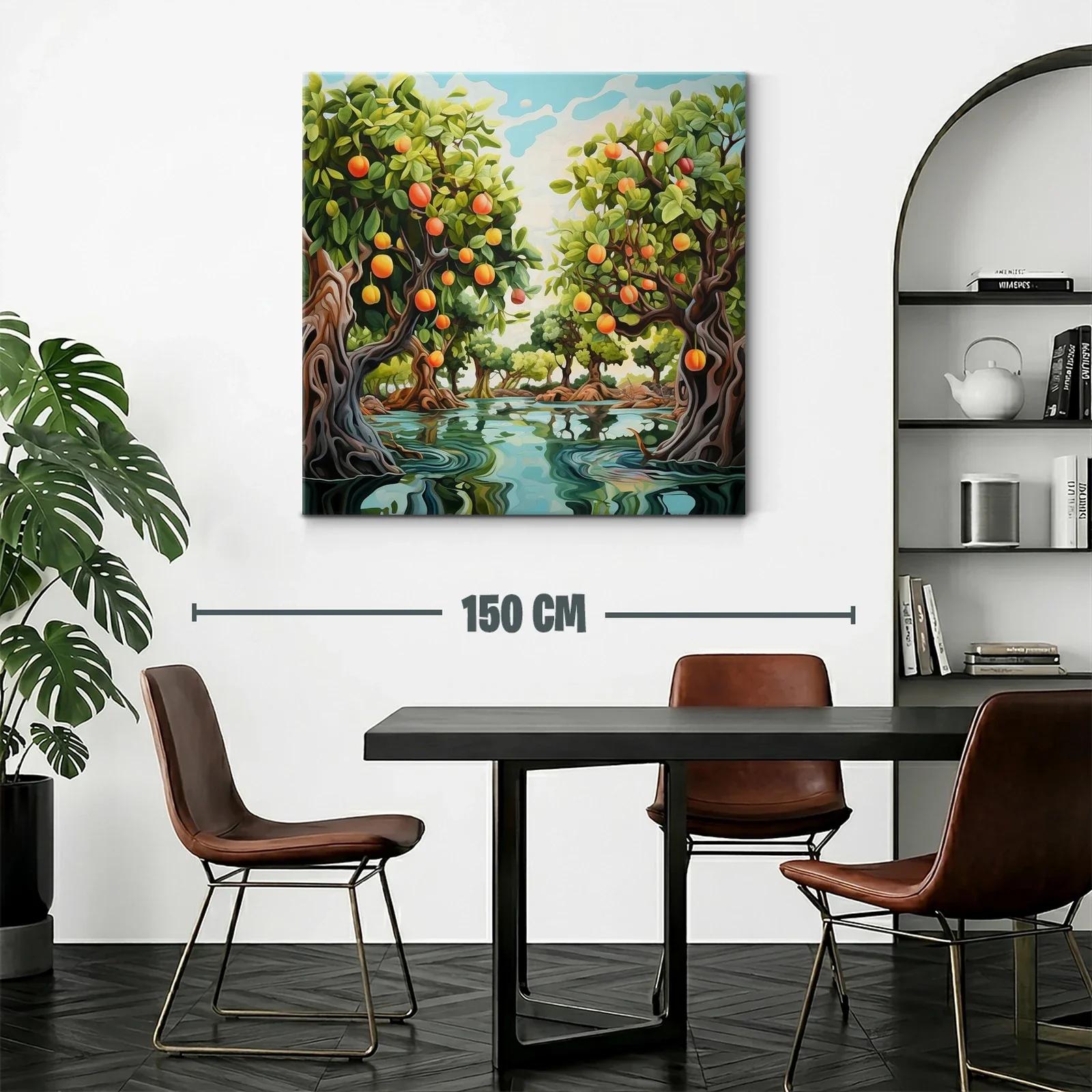 Cuadro de paisaje con árboles frutales y agua serena — miniatura 2