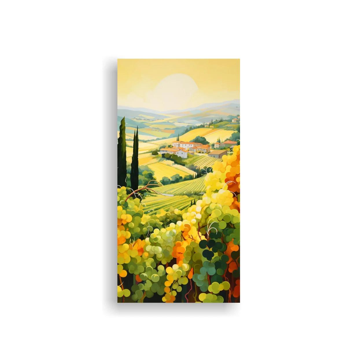 Cuadro viñedo con valle y pueblo rural