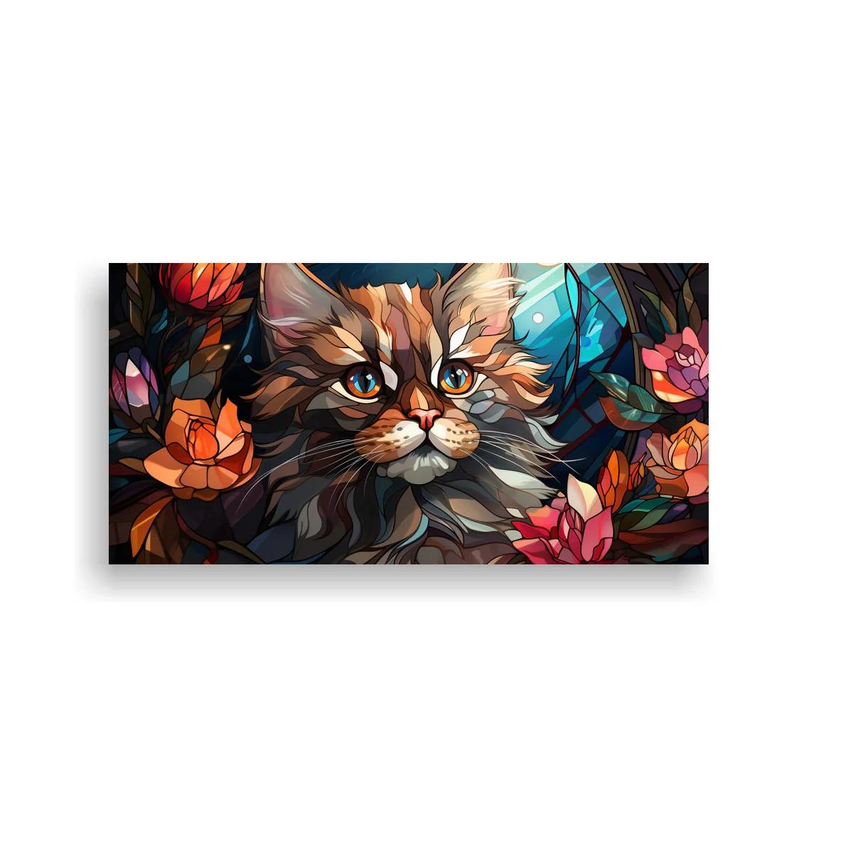 Cuadro gato de pelo largo con flores y destellos turquesa