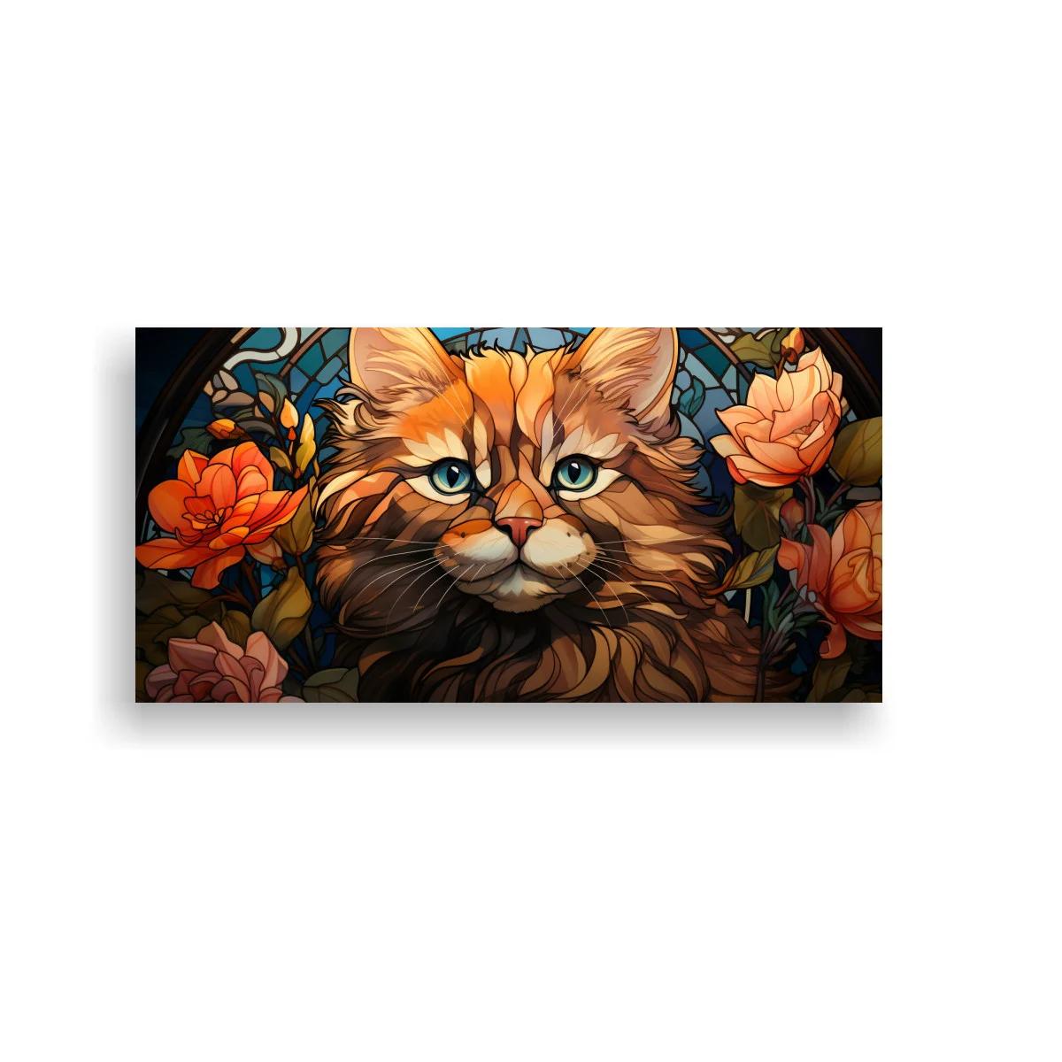 Cuadro gato naranja de pelo largo con flores y hojas