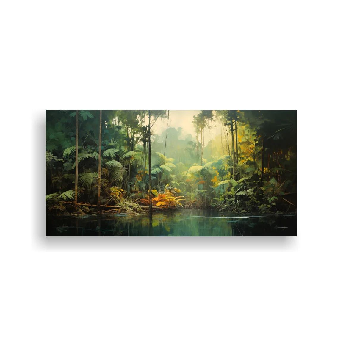 Cuadro selva tropical con estanque y frondas grandes