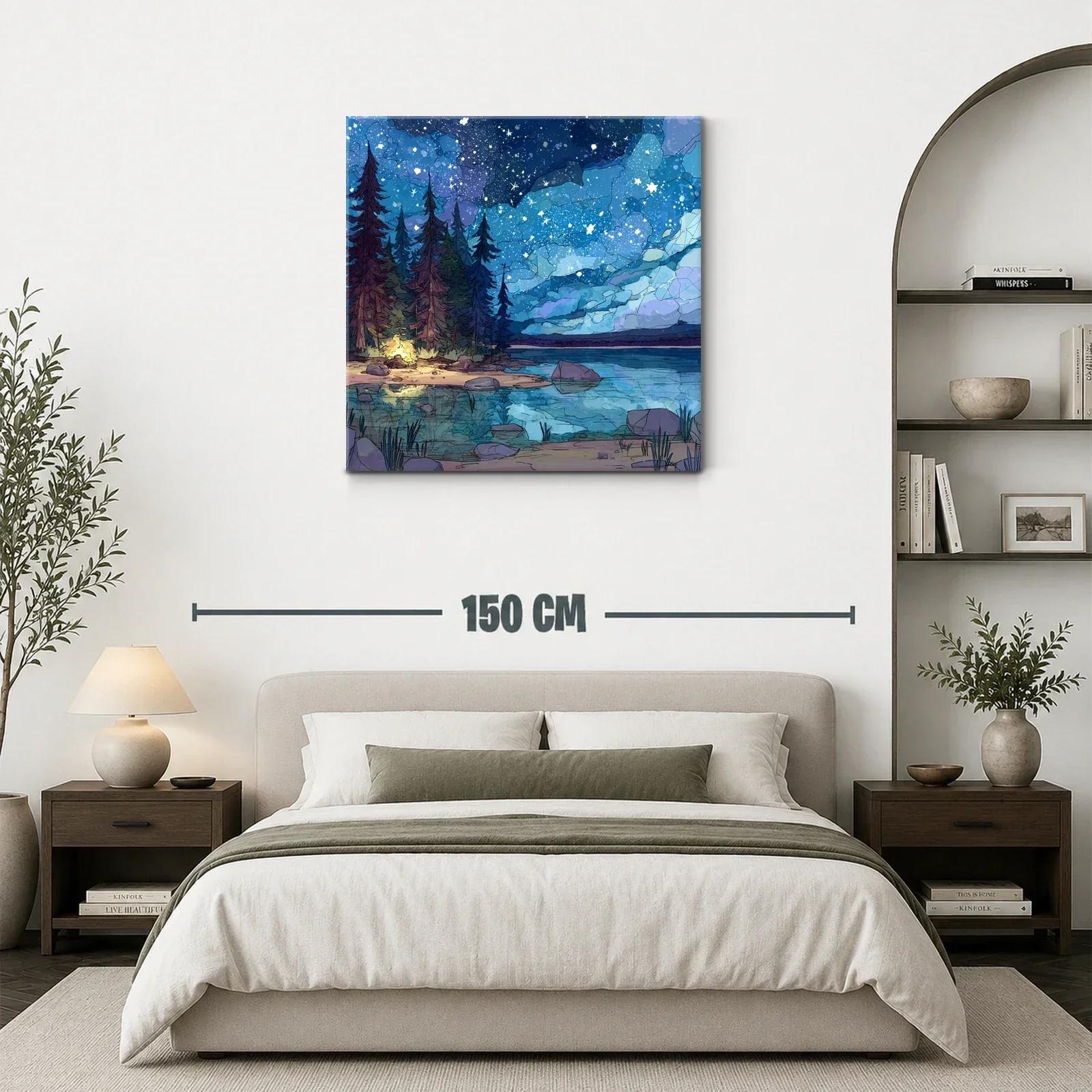 Paisaje nocturno estrellado con lago y bosque encantado — miniatura 3