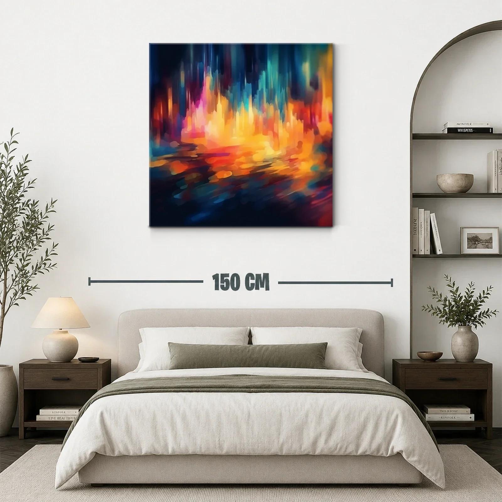 Cuadro abstracto con vibrantes luces en tonos cálidos y fríos — miniatura 3