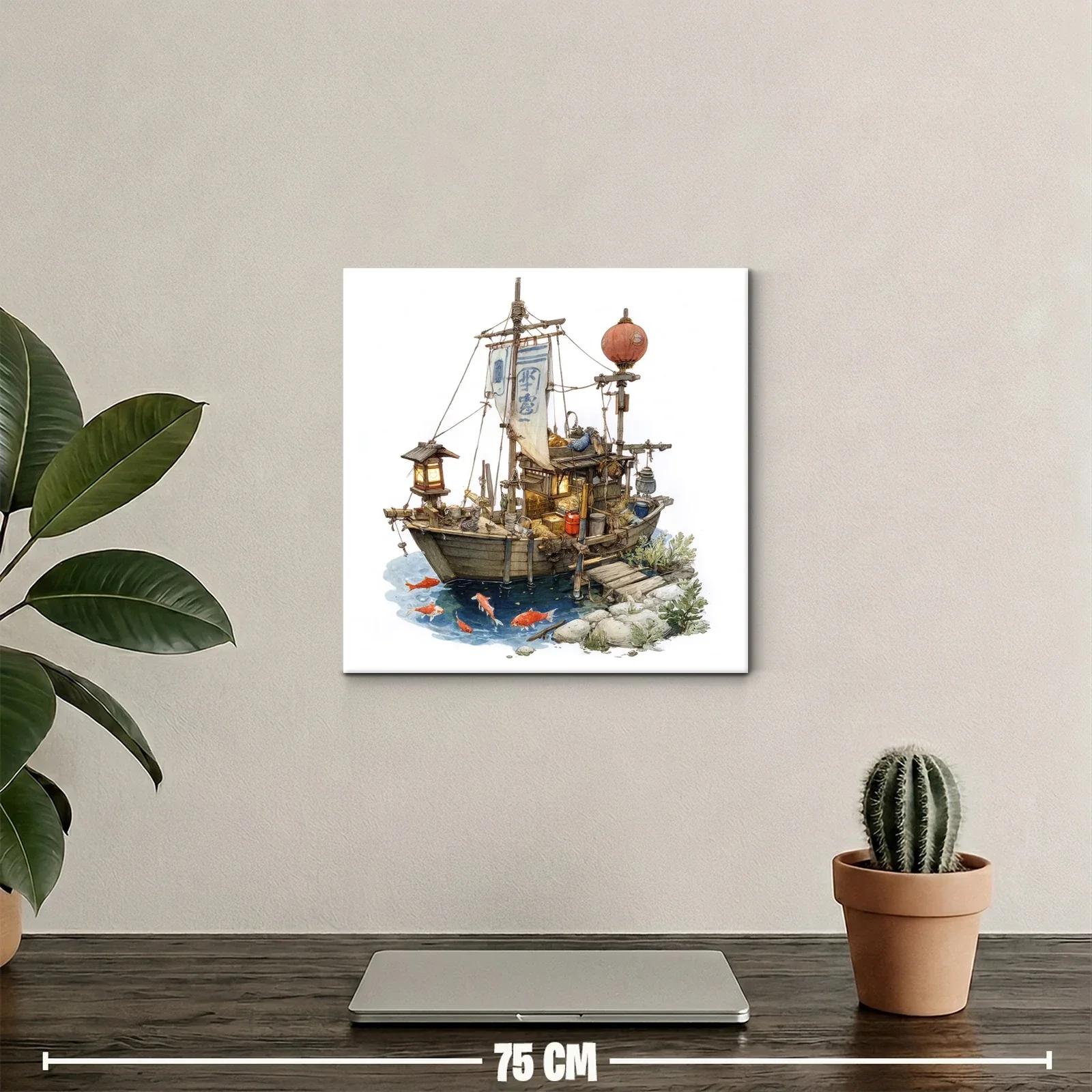 Barco tradicional con linternas y peces en agua tranquila — miniatura 2