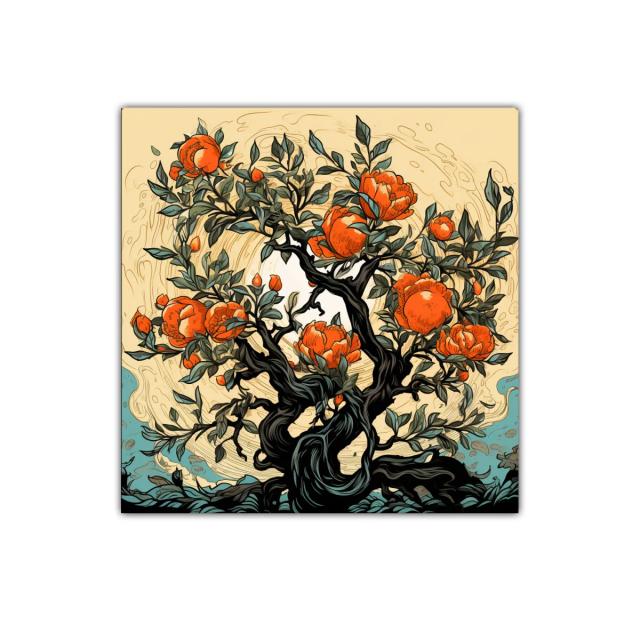 Árbol con flores naranjas y ramas retorcidas en fondo cálido