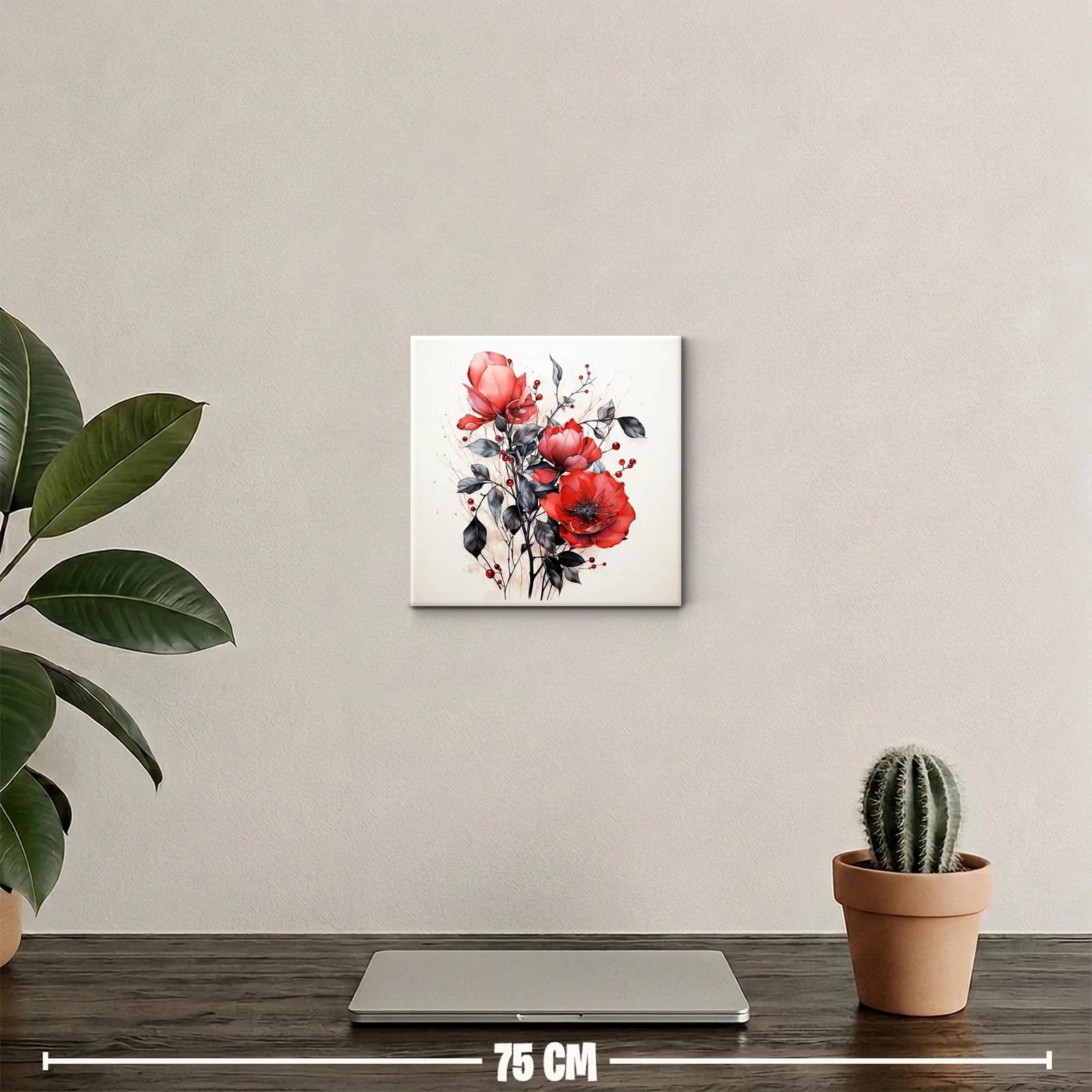 Cuadro decorativo con flores rojas y hojas en tonos grises — miniatura 2