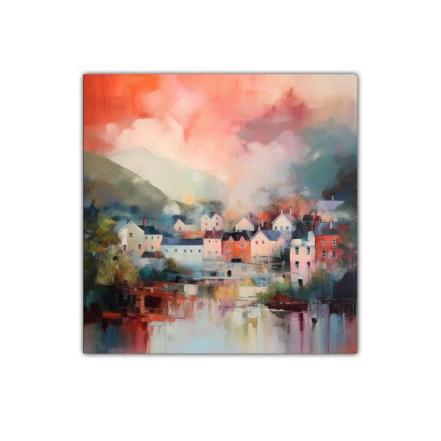 Pintura decorativa de paisaje urbano al atardecer