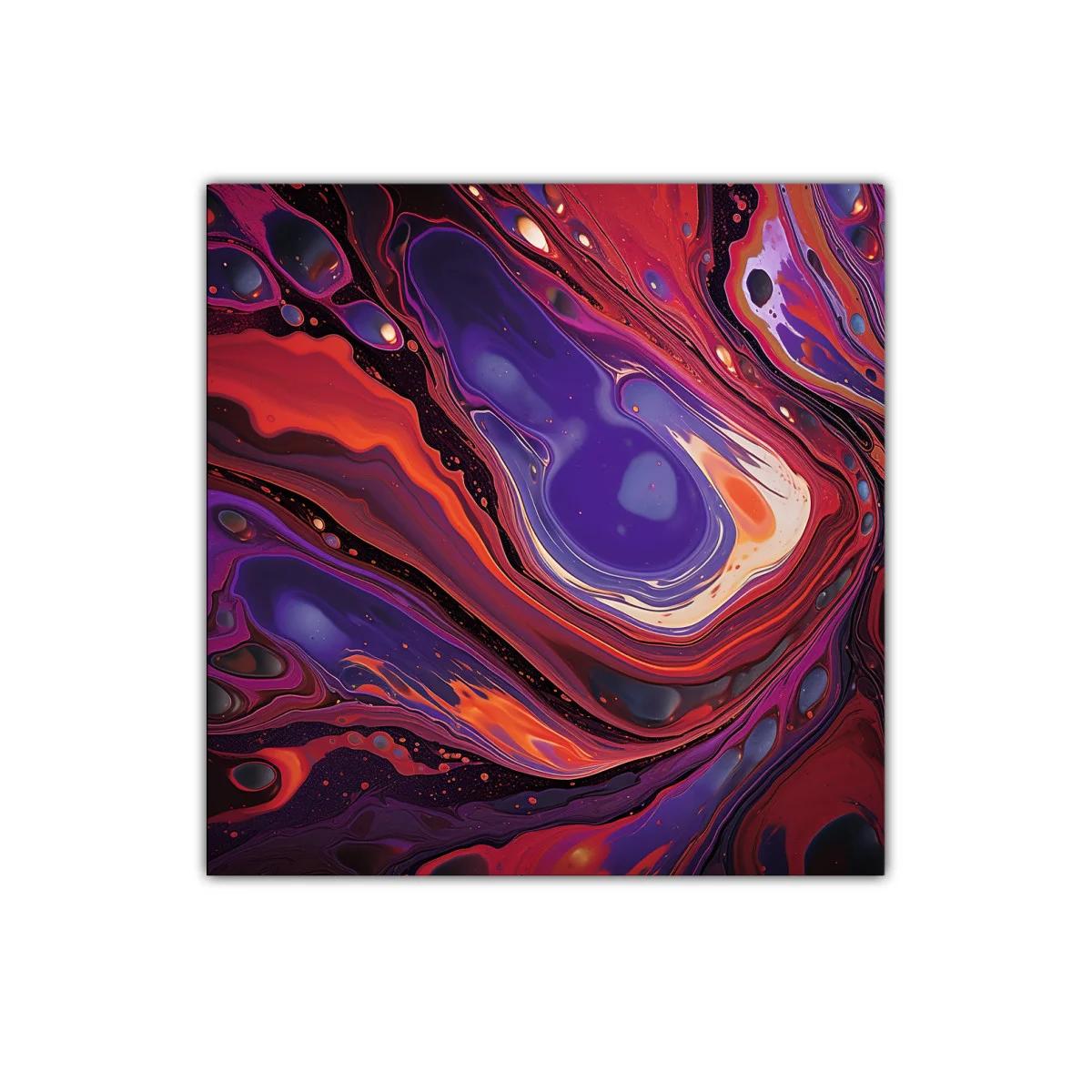 Cuadro decorativo con formas fluidas en tonos rojos y violetas