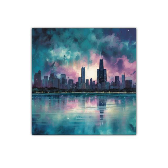 Paisaje urbano al atardecer con reflejos mágicos en el agua