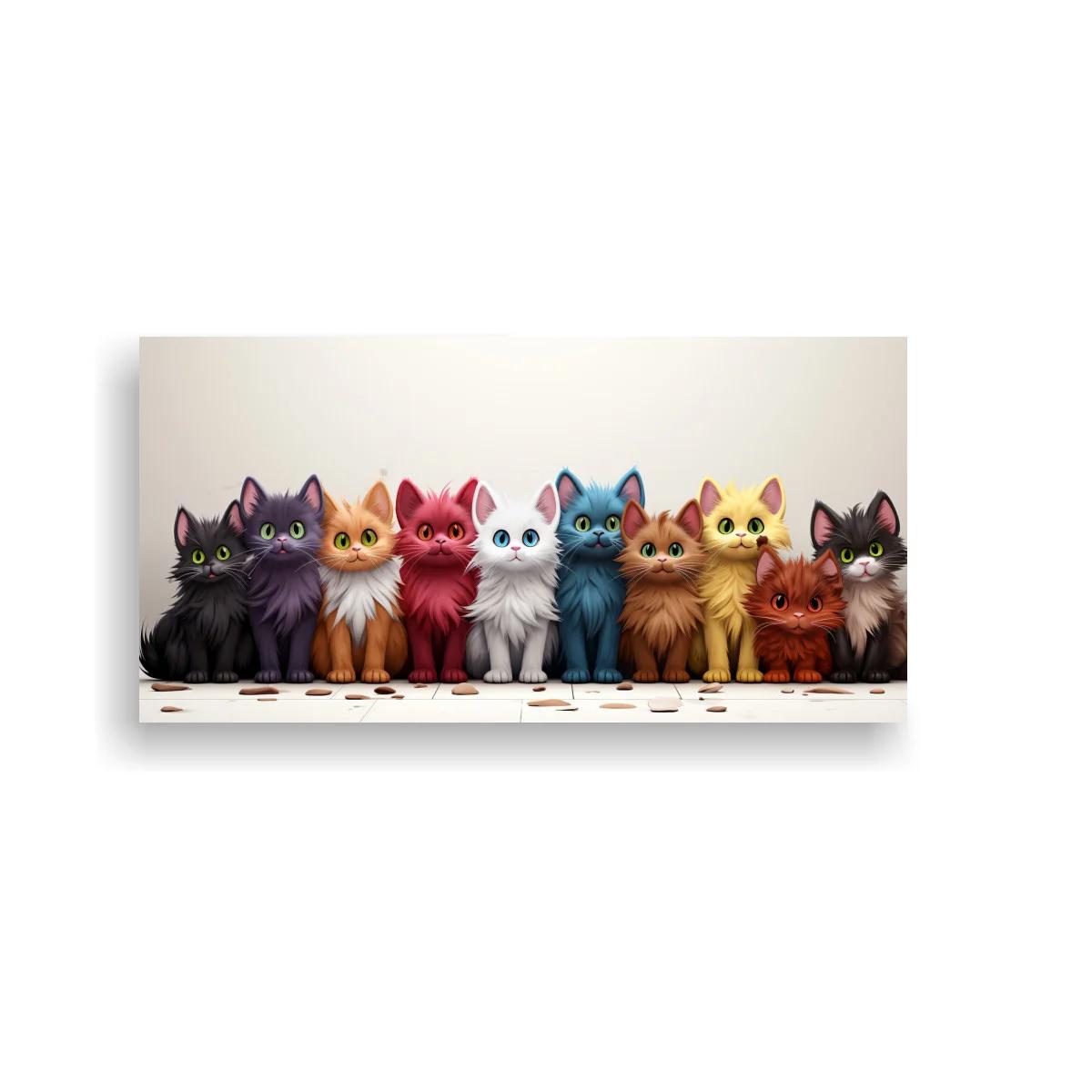 Cuadro fila de gatitos de colores con pétalos dispersos