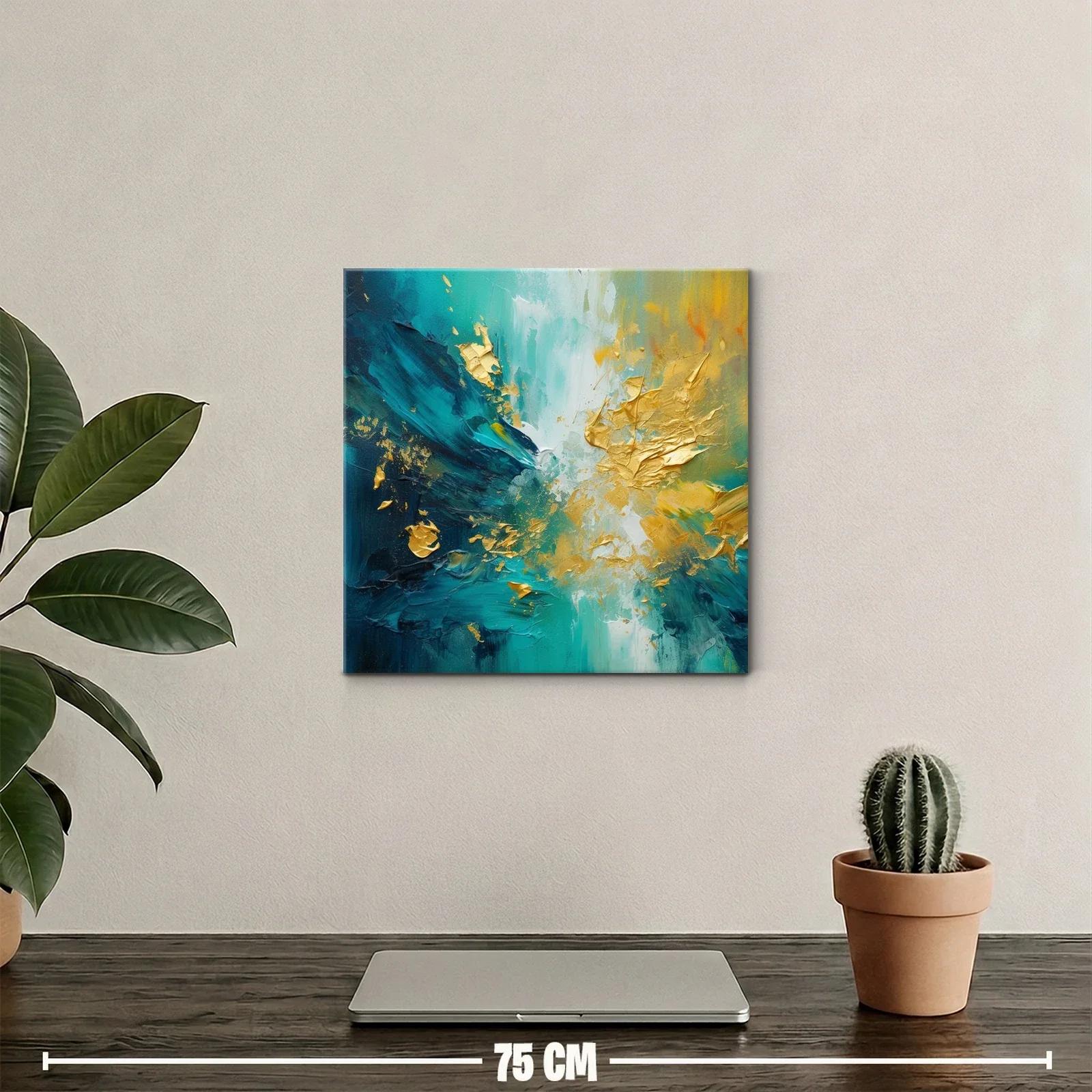 Cuadro abstracto en tonos turquesa con detalles dorados — miniatura 2