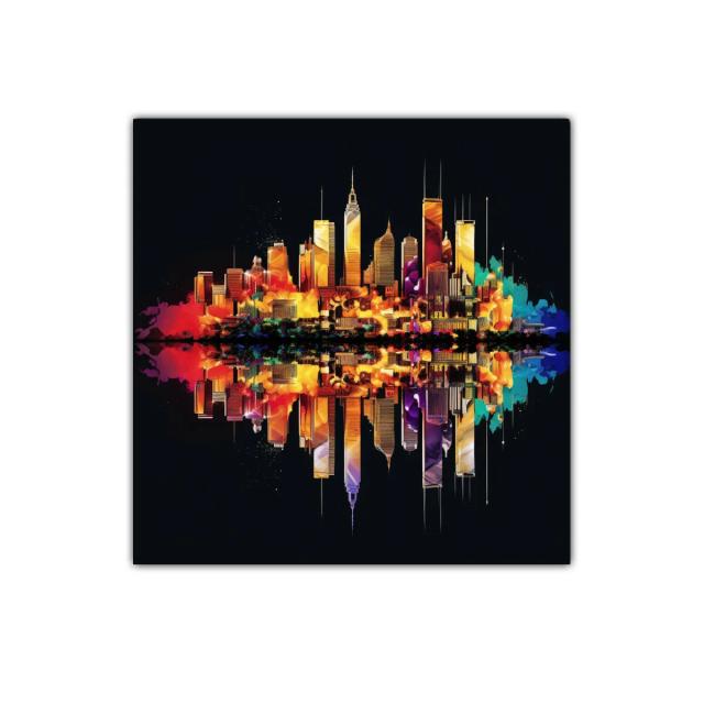 Ciudad vibrante iluminada con reflejos coloridos