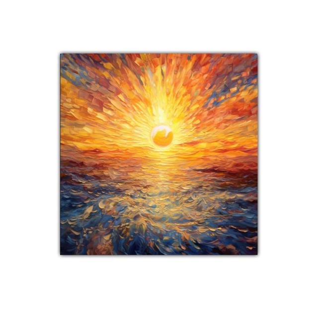 Cuadro vibrante de amanecer sobre el mar en tonos cálidos