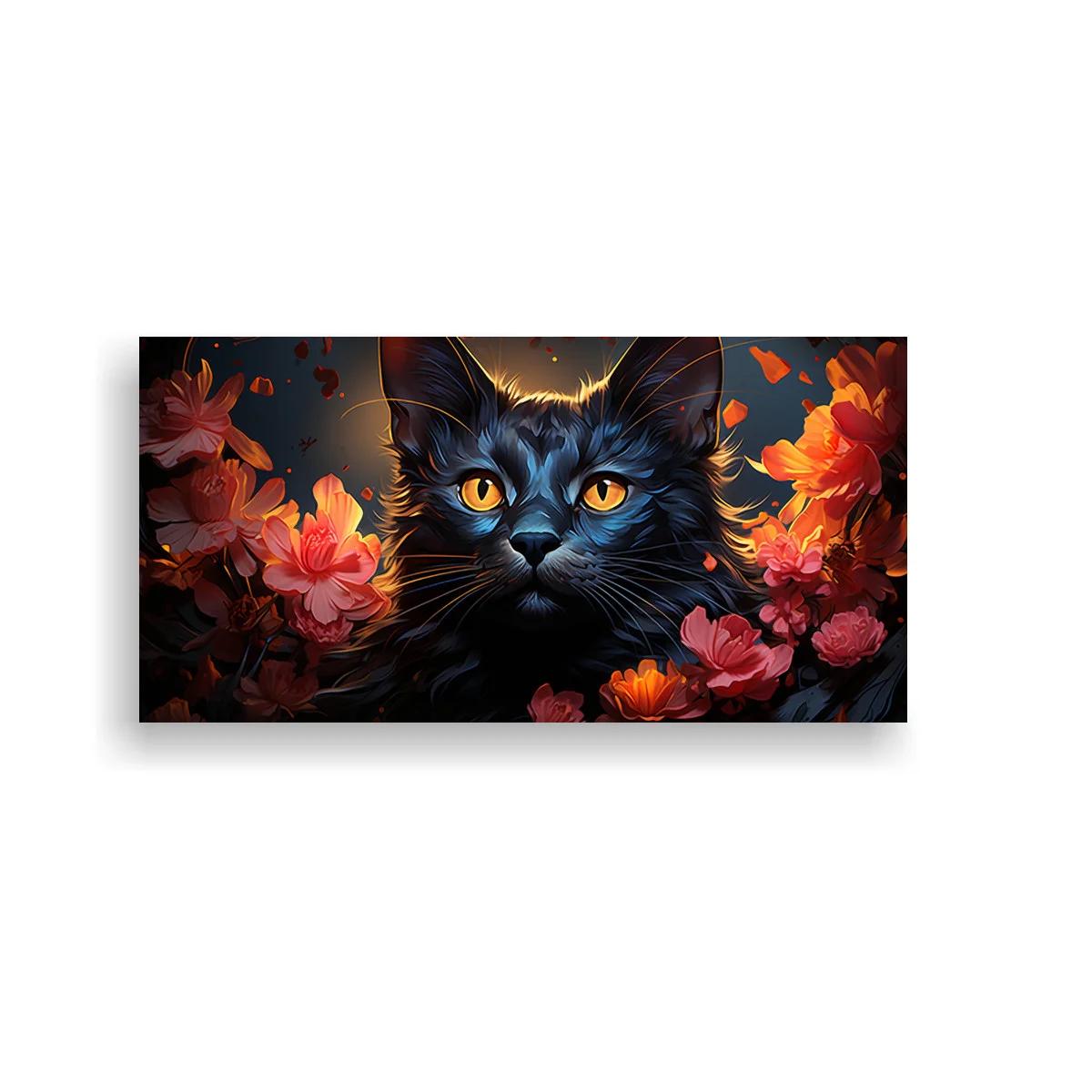 Cuadro gato negro de ojos ámbar entre flores — imagen principal
