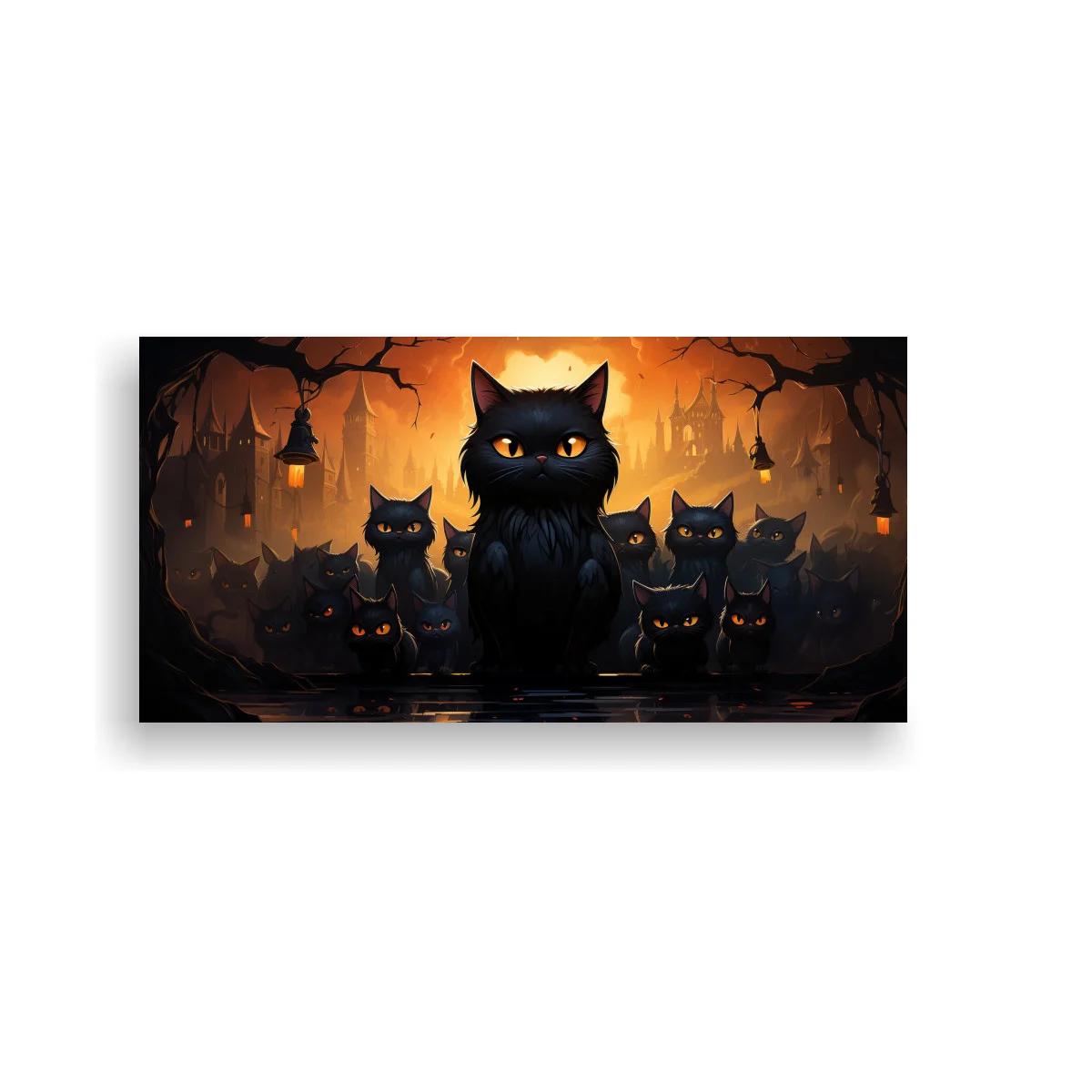 Cuadro gato negro de ojos brillantes en escena nocturna