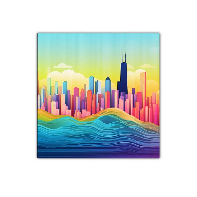 Colorido Skyline urbano con ondas vibrantes y cielo brillante