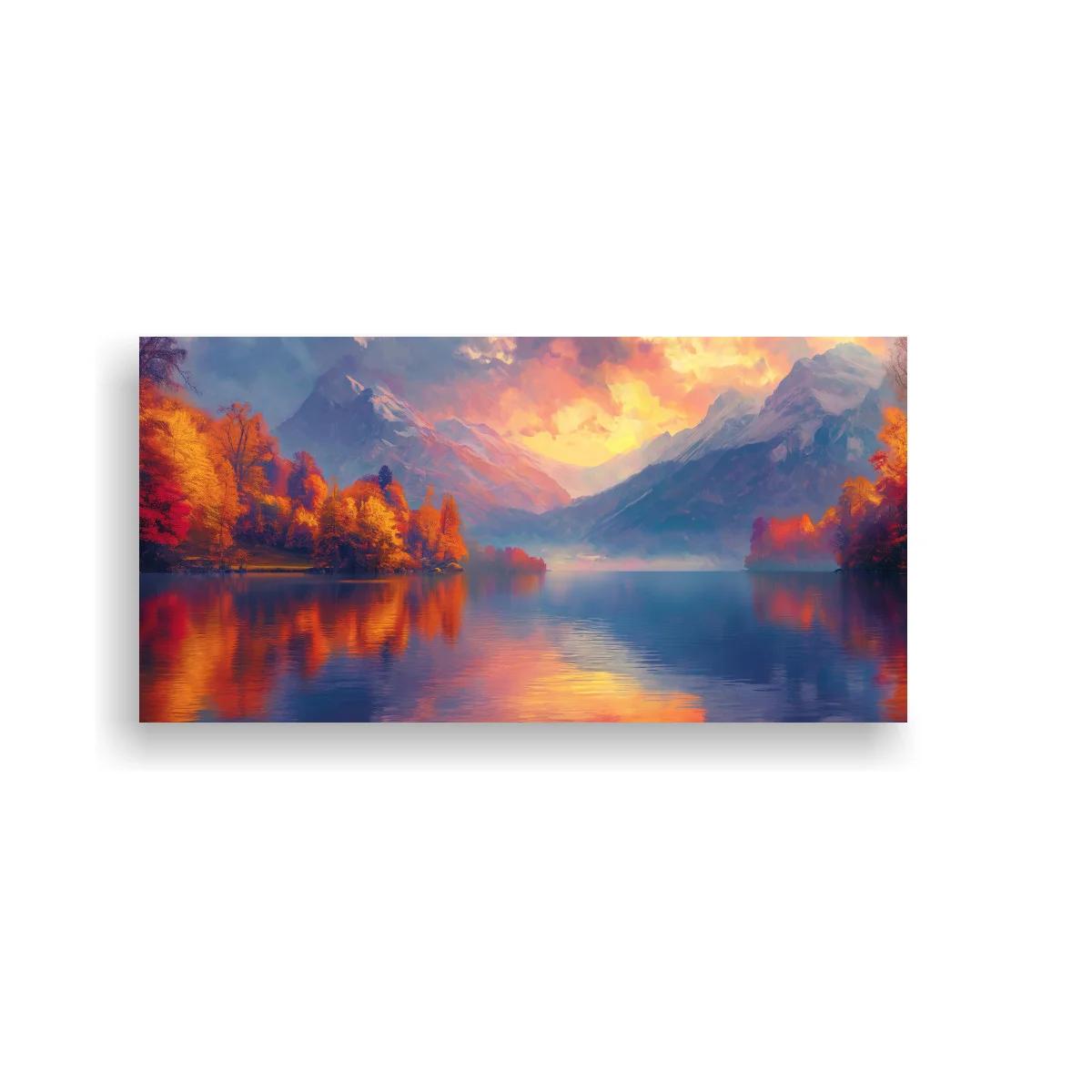 Cuadro lago de montaña con bosque otoñal y reflejos