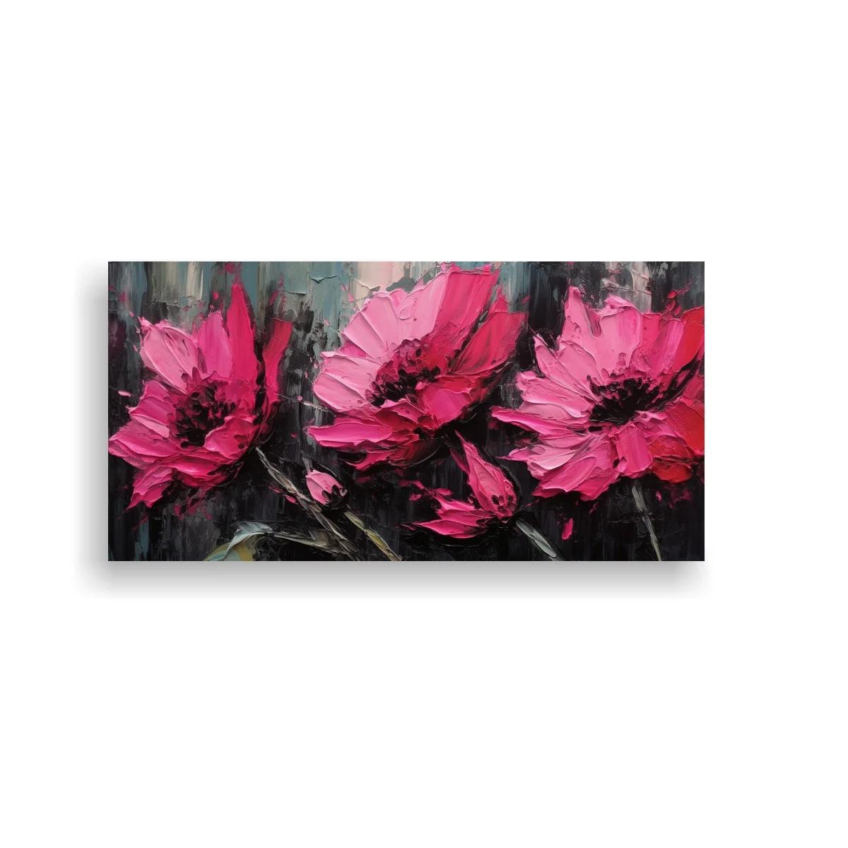 Cuadro de amapolas rosas con fondo oscuro gestual