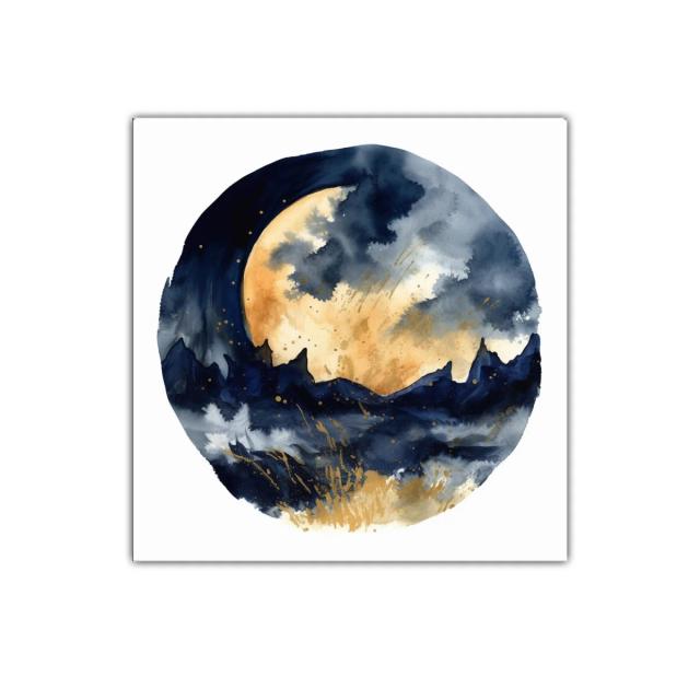 Paisaje nocturno con luna llena y montañas estilizadas