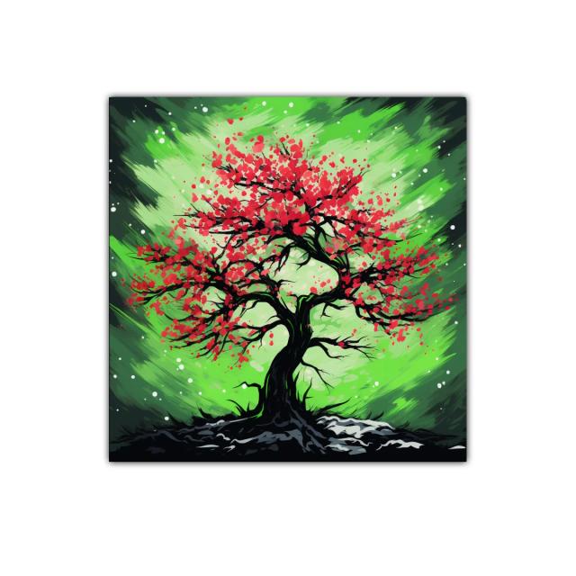 Árbol vibrante con flores rojas sobre fondo verde dinámico