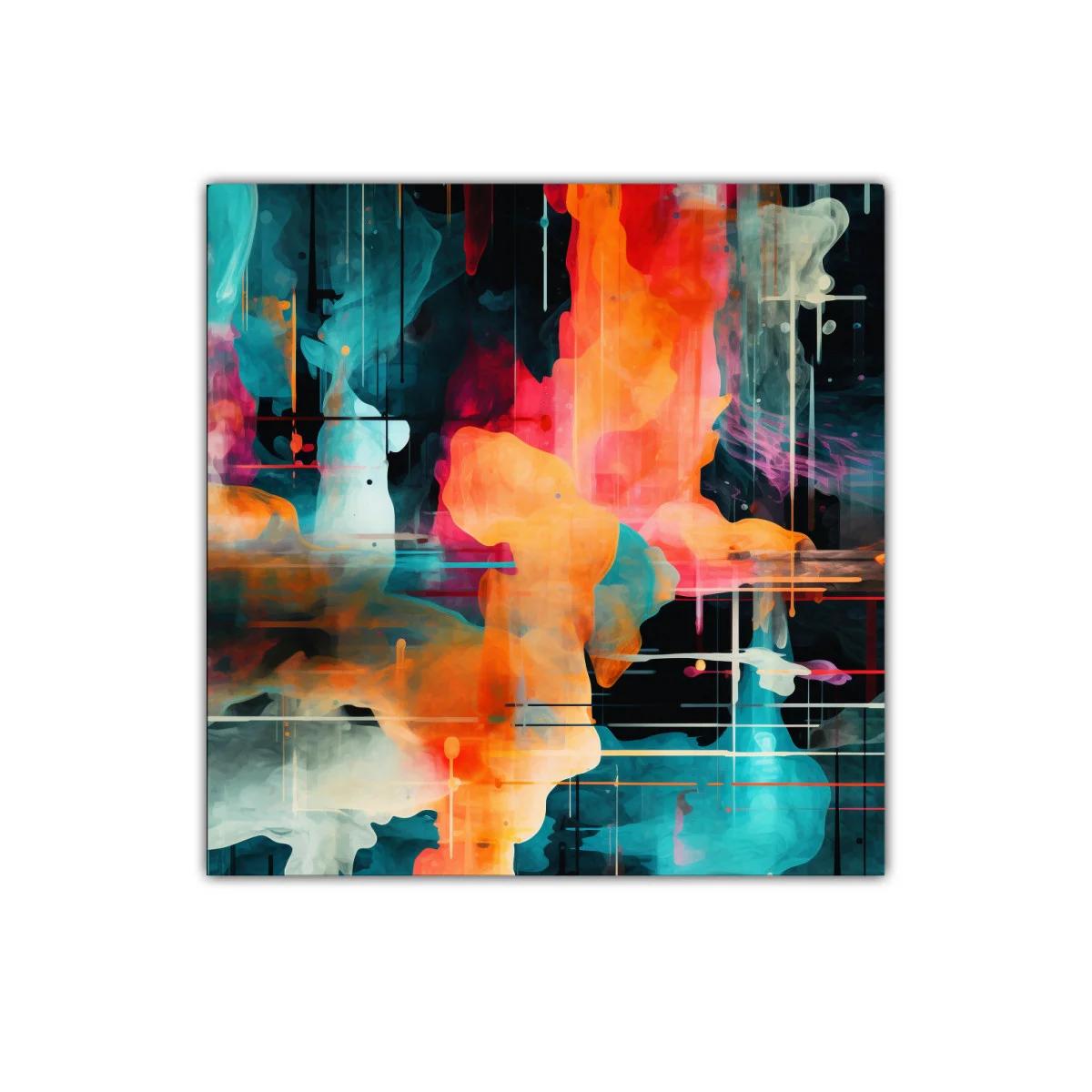 Cuadro abstracto en tonos vibrantes con formas fluidas y líneas sutiles