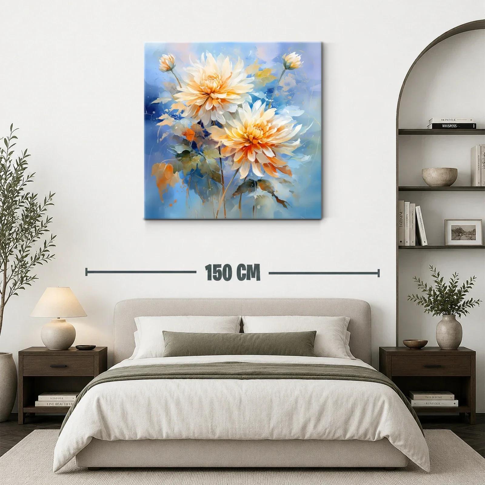 Cuadro floral con dalias en tonos cálidos y fondo azul — miniatura 3