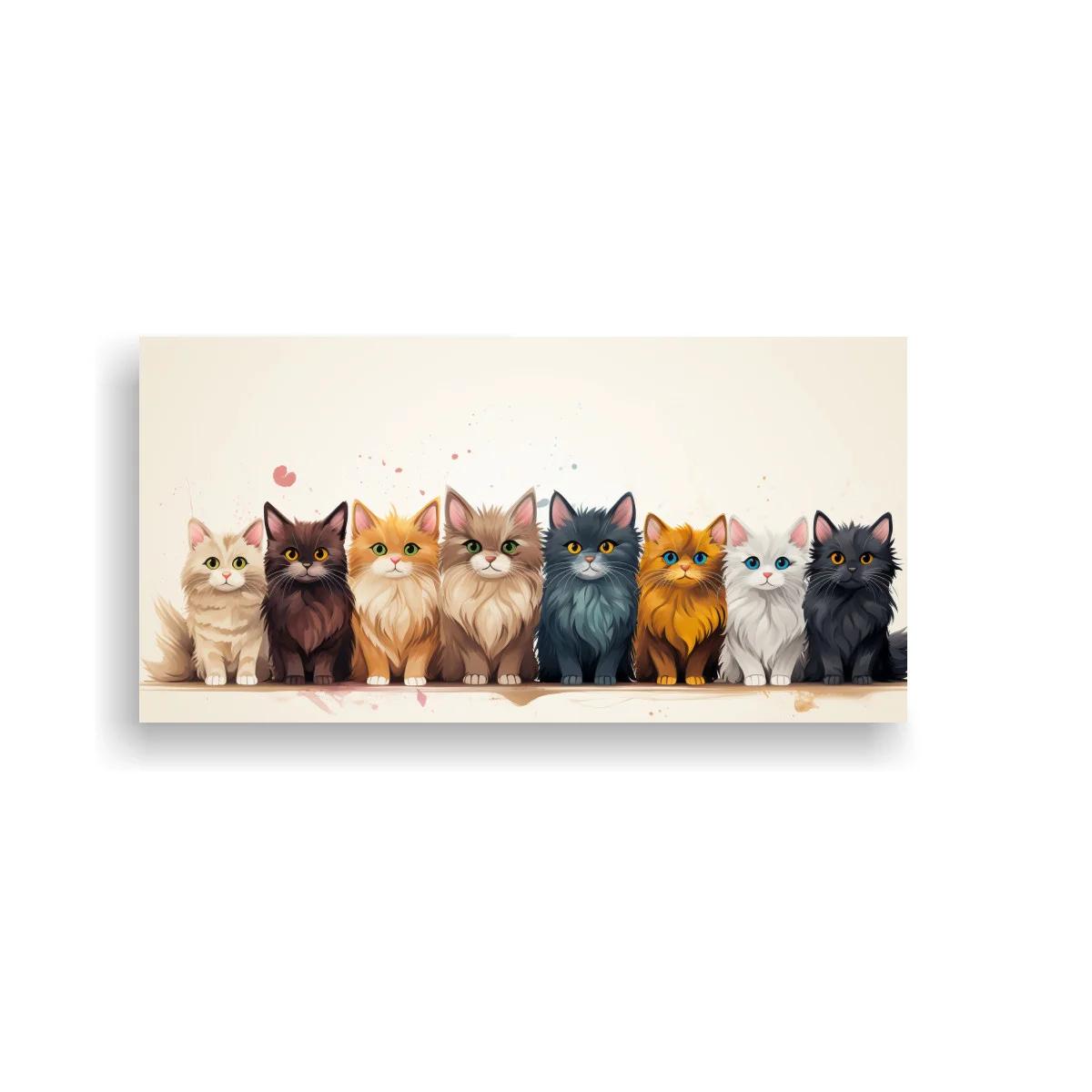 Cuadro fila de ocho gatos de pelo largo con salpicaduras de pintura