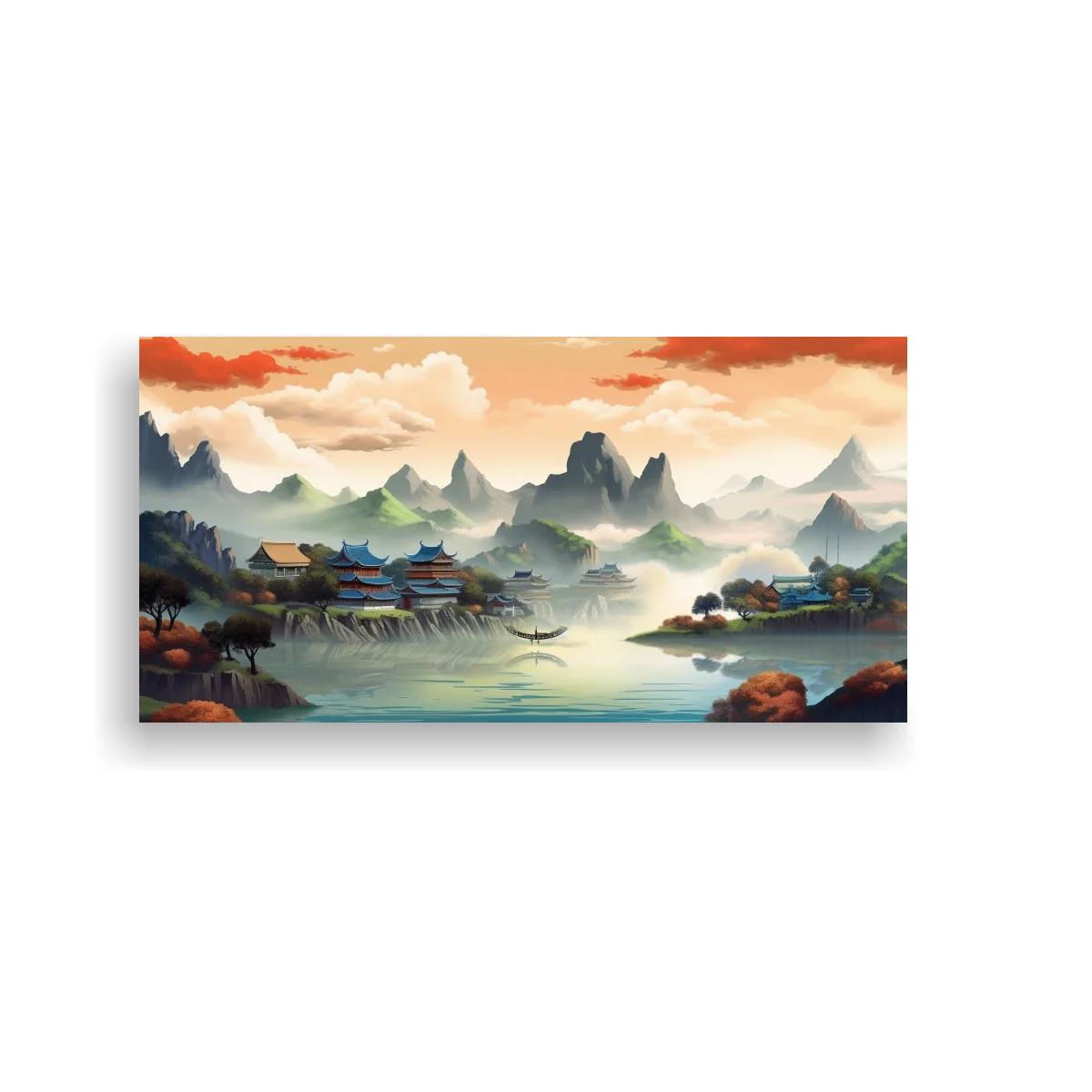 Cuadro paisaje asiático con pagodas y niebla