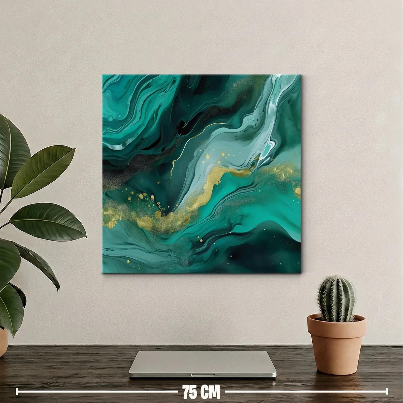 Cuadro abstracto en tonos verdes con detalles dorados — miniatura 2