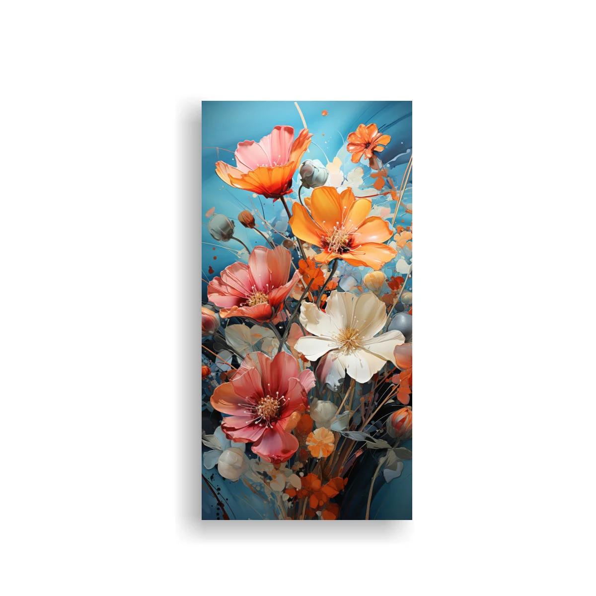 Cuadro amapolas coral y blanco sobre fondo azul
