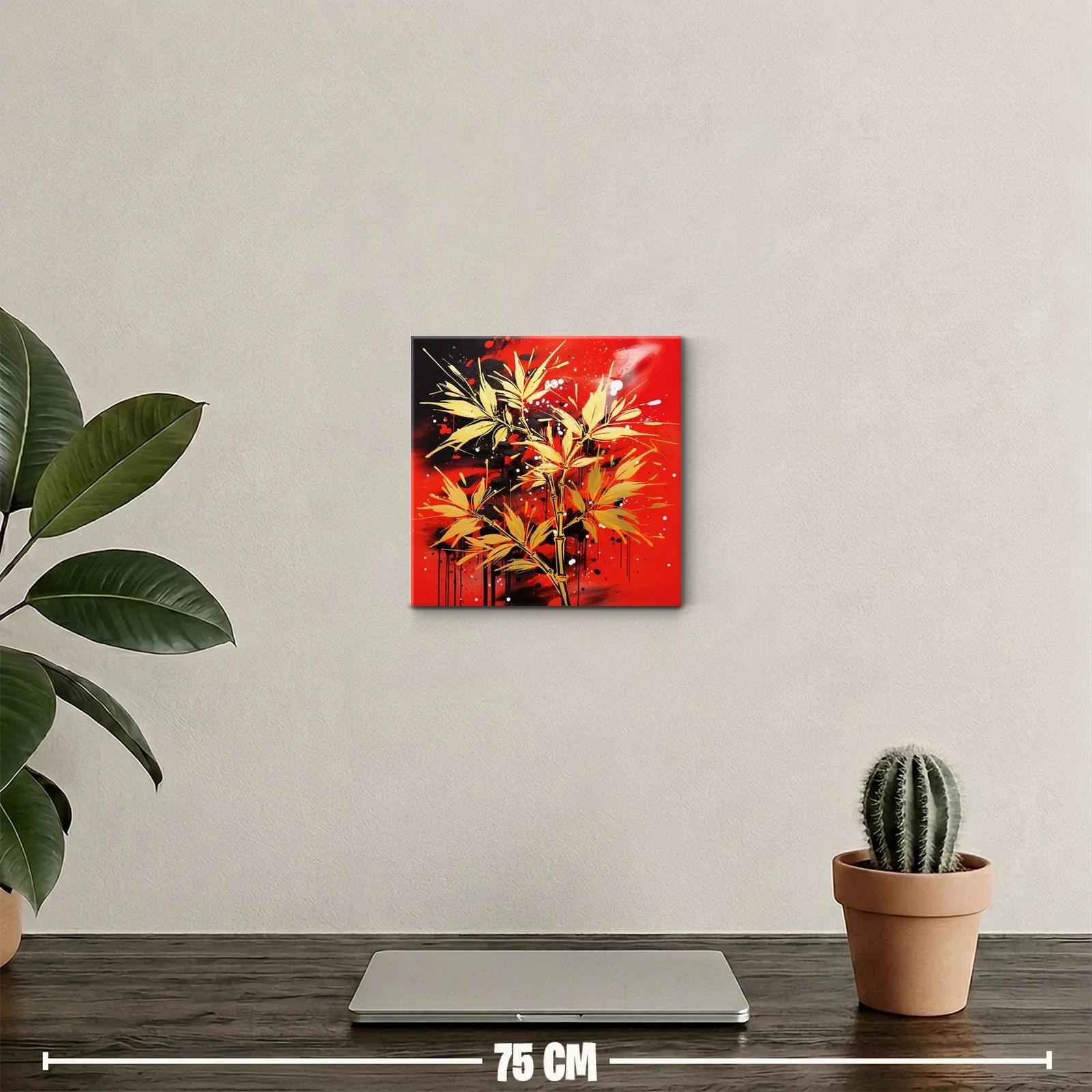 Cuadro decorativo con diseño floral dorado sobre fondo rojo vibrante — miniatura 2