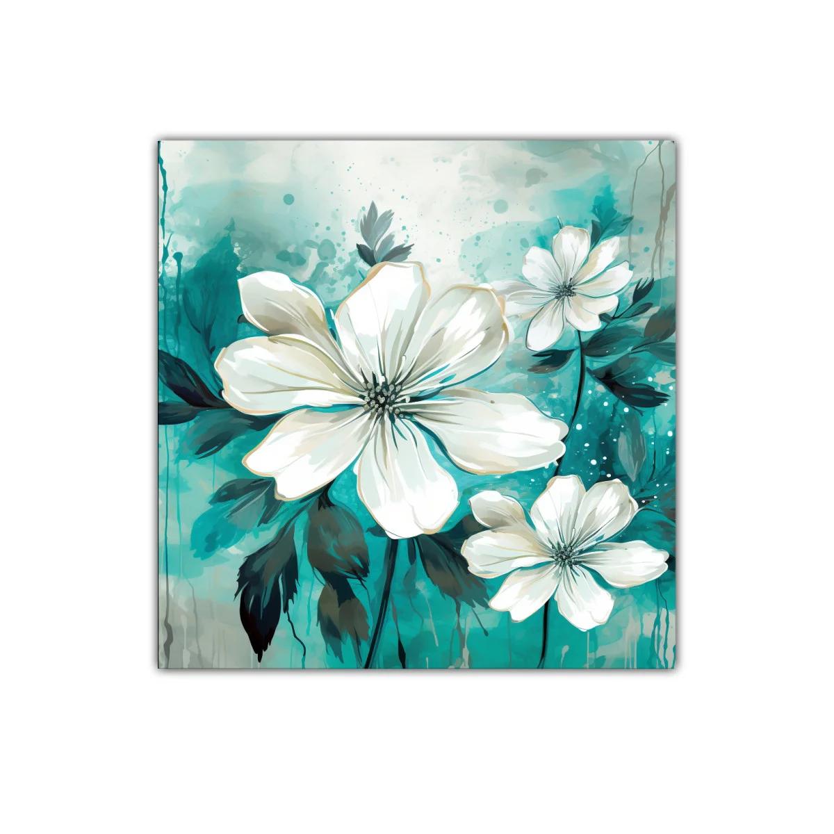 Cuadro floral con delicadas flores blancas y fondo turquesa — imagen principal