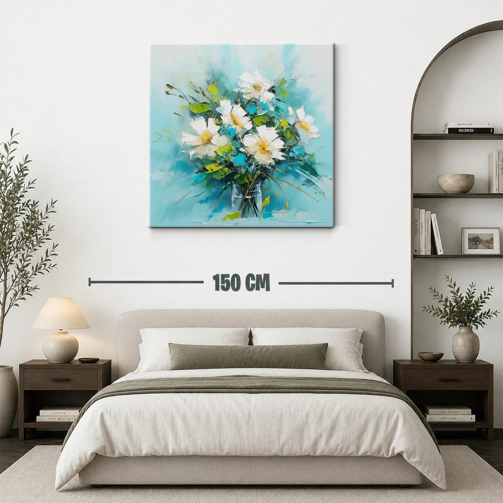 Cuadro de flores blancas con brillo turquesa y verde — miniatura 3