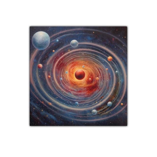 Universo en espiral con planetas en tonos cálidos y fríos