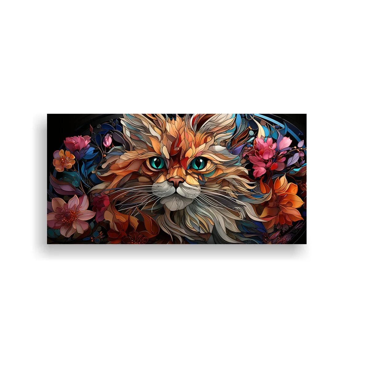 Cuadro cara de gato de pelo largo con flores y hojas