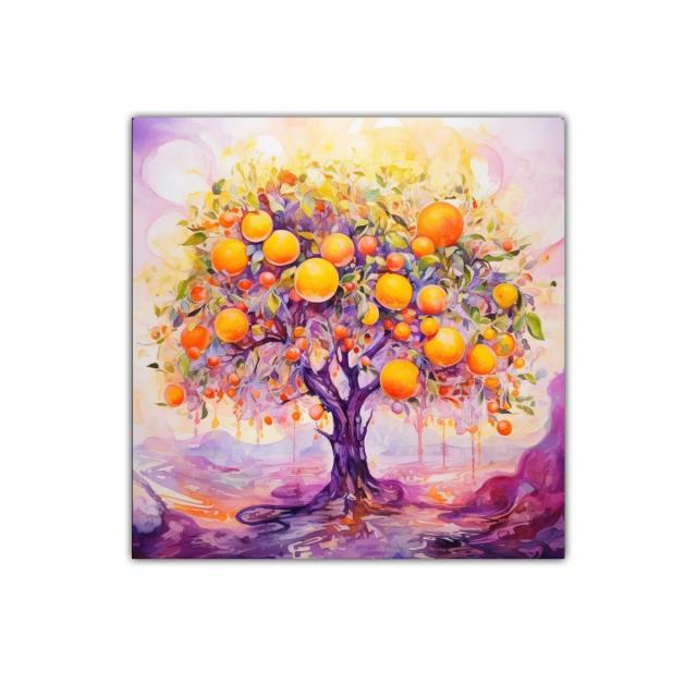 Árbol de frutas vibrantes en tonalidades cálidas y violetas