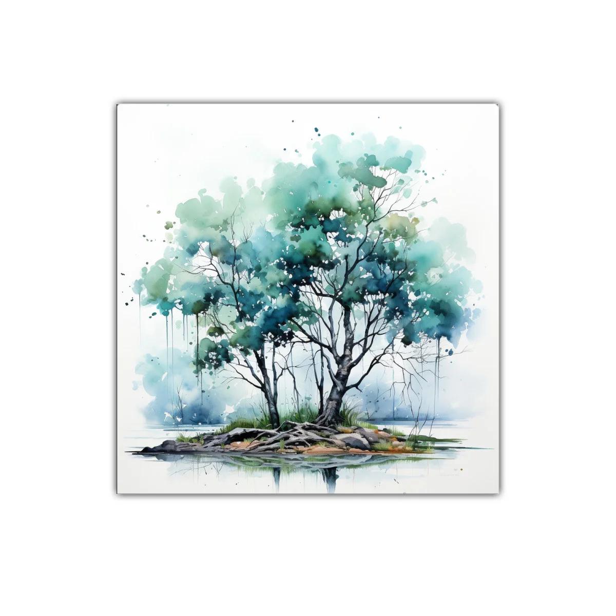 Árbol en isla con tonos verdes y azules serenos