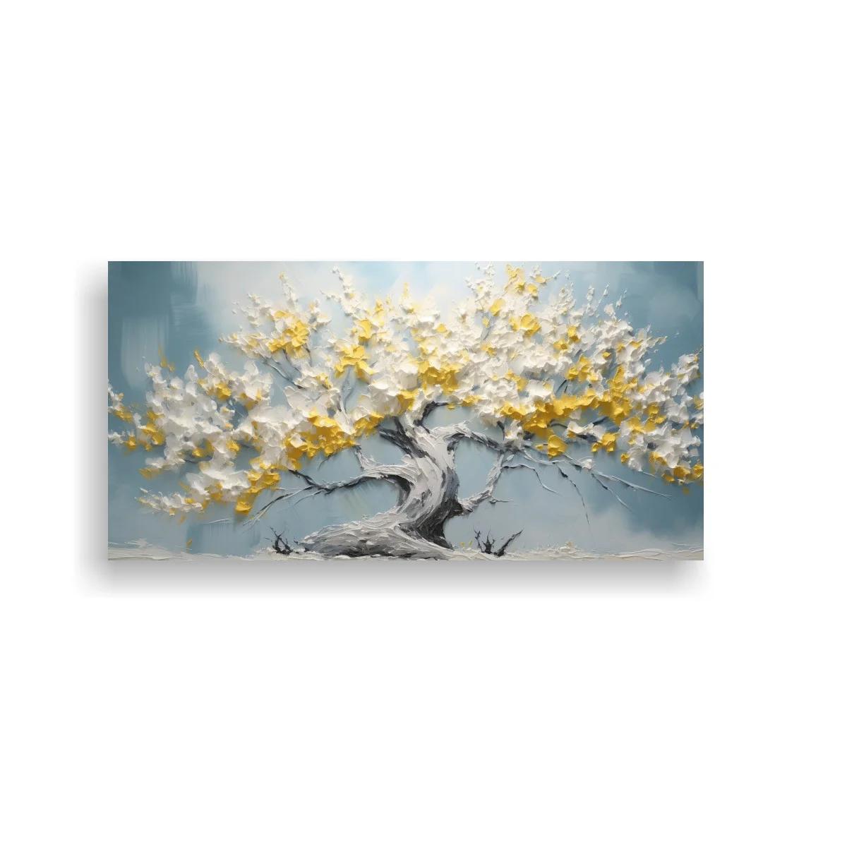 Cuadro árbol en flor blanco y dorado de copa ancha