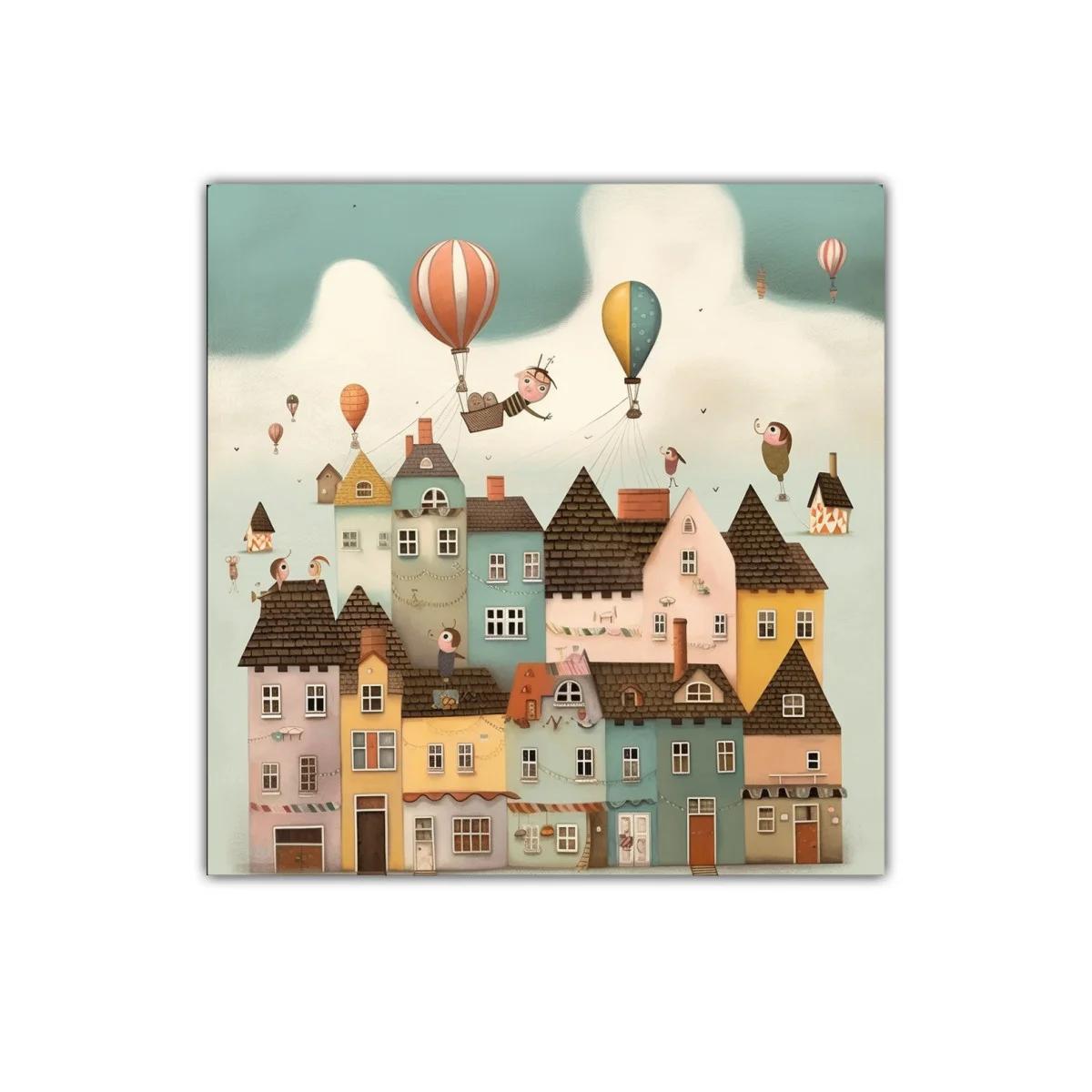 Pueblo encantado con globos aerostáticos en cielos pastel — imagen principal