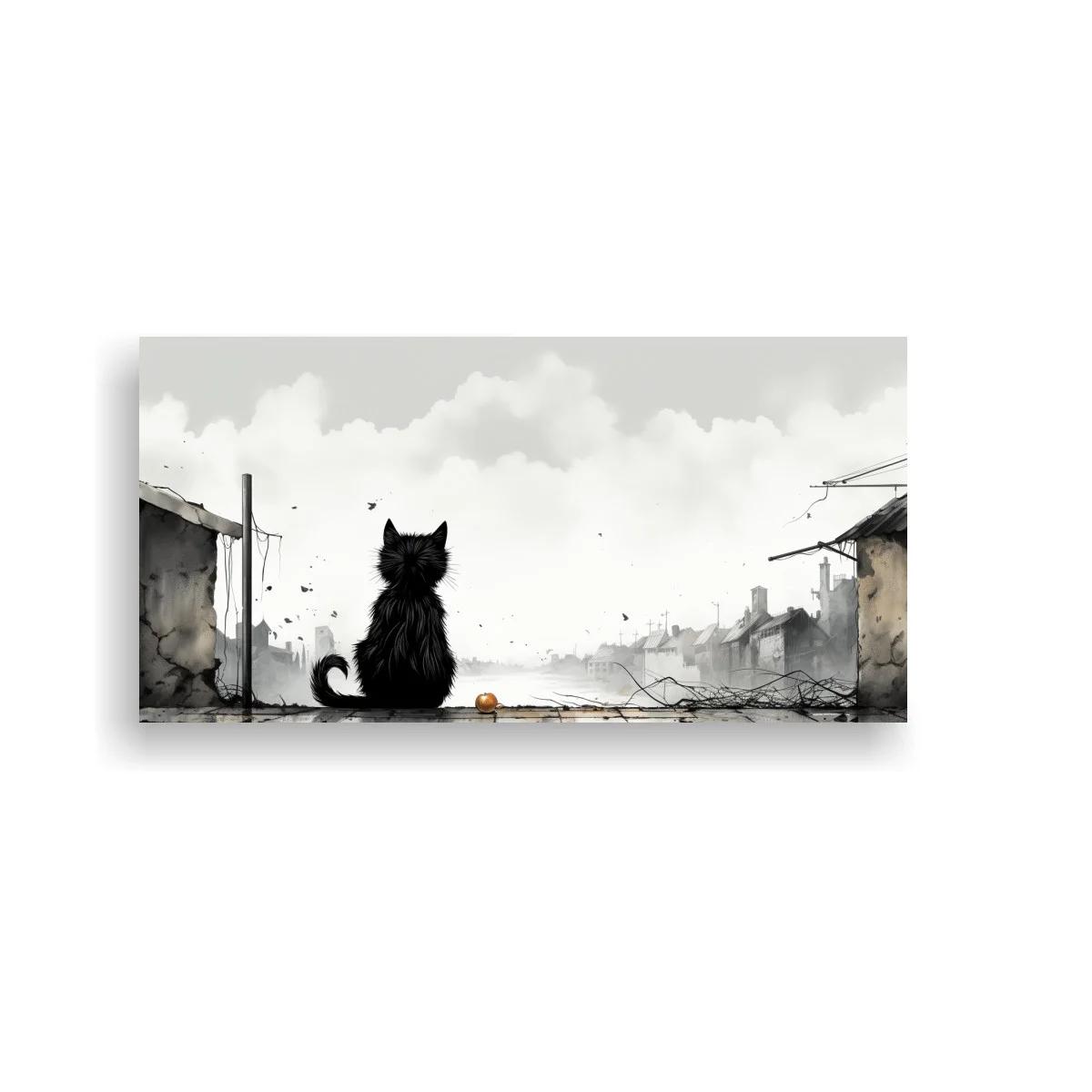 Cuadro gato negro de espaldas con cielo amplio